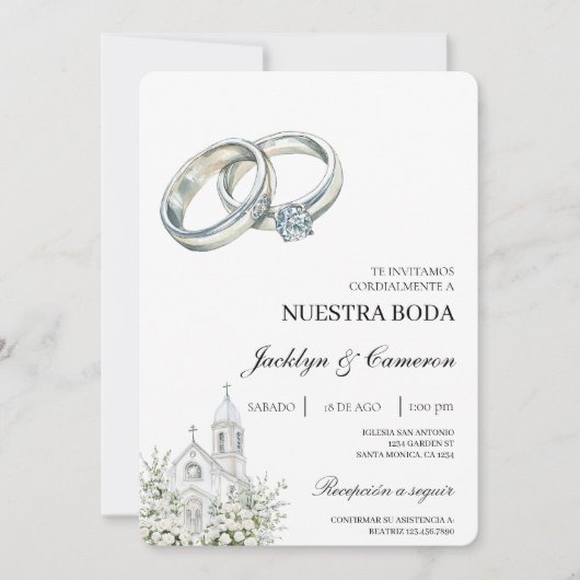 Weiße Kirche mit Ring Spanische Hochzeit Einladung (Vorderseite)