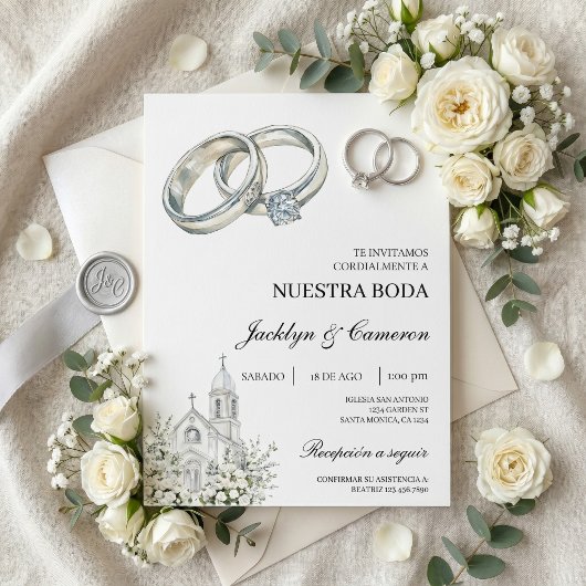 Weiße Kirche mit Ring Spanische Hochzeit Einladung