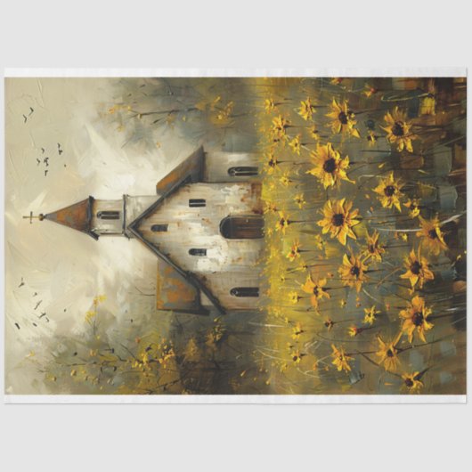 Weiße Kirchengelbe Wildblumen Rustikale Dekoupage Seidenpapier (Vorderseite)