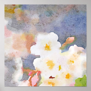 Weiße Kirschblüten-Digital-Aquarell-Malerei Poster