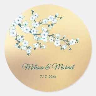 Weiße Kirschblüten Gold Runder Aufkleber