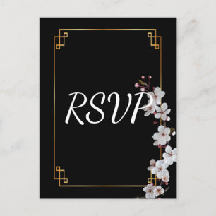 weiße Kirschblüten & goldener Rahmen RSVP Einladungspostkarte