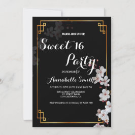 Weiße Kirschblüten & goldener Rahmen, süß 16 Einladung