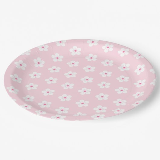 Weiße Kirschblüten in Rosa Pappteller (Schrägansicht)