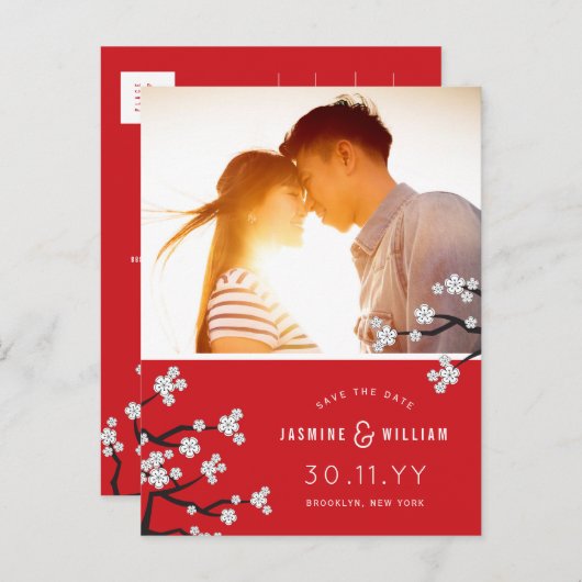 Weiße Kirschblüten Sakura Foto Save the Date Ankündigungspostkarte (Vorne/Hinten)