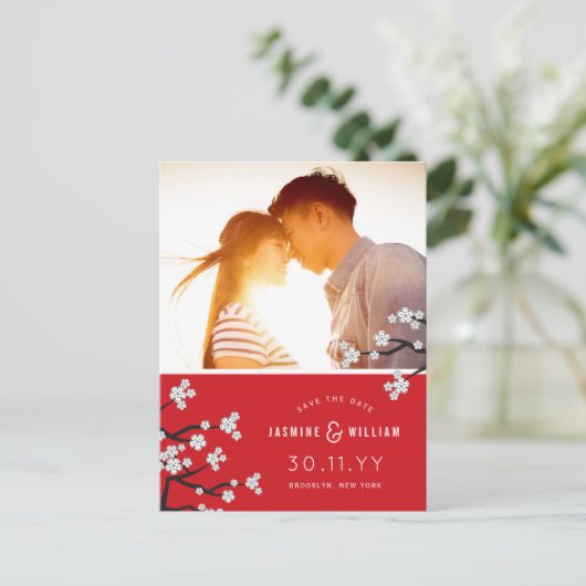 Weiße Kirschblüten Sakura Foto Save the Date Ankündigungspostkarte (Stehend Vorderseite)