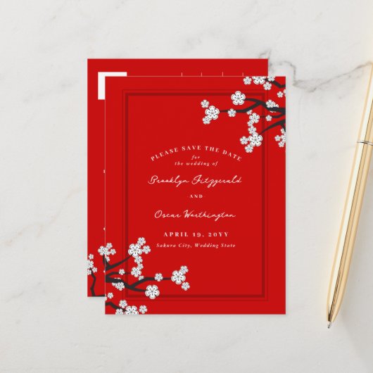 Weiße Kirschblüten Sakura Save the Date asiatisch Ankündigungspostkarte (Vorderseite/Rückseite Beispiel)