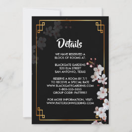 Weiße Kirschblüten und goldene Rahmen Einladung