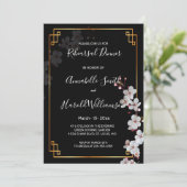 Weiße Kirschblüten und goldene Rahmen Probe Dinn Einladung (Stehend Vorderseite)