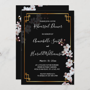 Weiße Kirschblüten und goldene Rahmen Probe Dinn Einladung