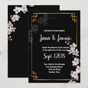 Weiße Kirschblüten und goldene Rahmenhochzeit Einladung