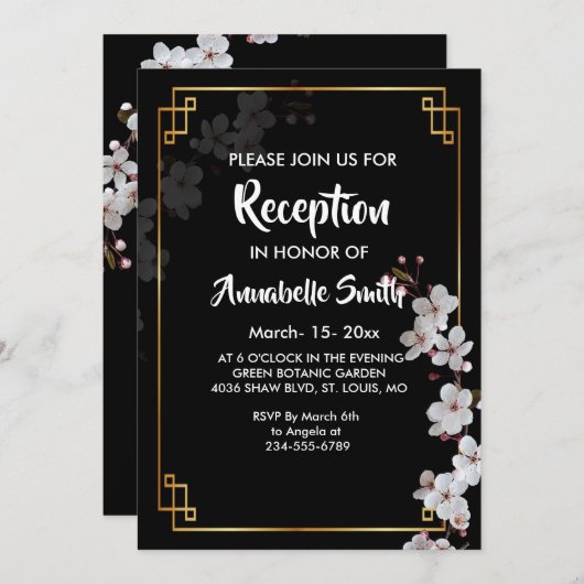 Weiße Kirschblüten und goldener Rahmen Empfang Einladung (Vorne/Hinten)
