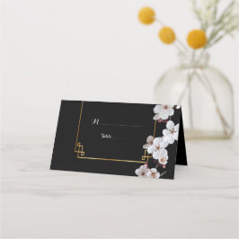 Weiße Kirschblüten und goldener Rahmen Platzkarte