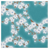 Weiße Kirsche Blüten Blumenmuster Aquamarin Stoff (Nahaufnahme)