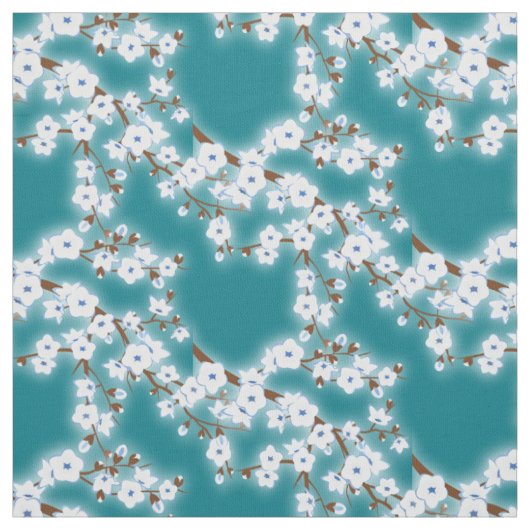 Weiße Kirsche Blüten Blumenmuster Aquamarin Stoff (Muster)
