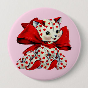Weiße Kitty-Katze mit Herzen Vintage-Valentins-Kun Button