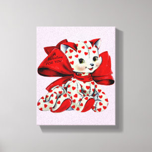 Weiße Kitty-Katze mit Herzen Vintage-Valentins-Kun Leinwanddruck