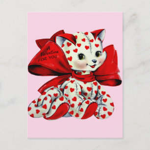 Weiße Kitty-Katze mit Herzen Vintage-Valentins-Kun Postkarte