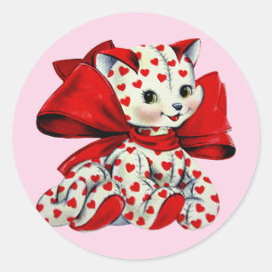 Weiße Kitty-Katze mit Herzen Vintage-Valentins-Kun Runder Aufkleber