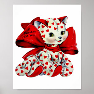 Weiße Kitty-Katze mit Herzen Vintage-Valentinstags Poster
