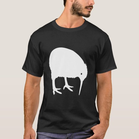 Weiße Kiwi-Vogel-Silhouette, die am Boden Pecking T-Shirt (Vorderseite)