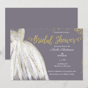 Weiße Kleid Gold Glitter Lila Grau Brautdusche Einladung