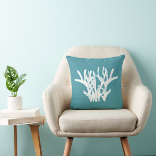 Weiße Korallenverzweigung Cyan Throw Kissen