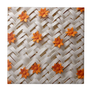 Weiße Korbflechte Textur mit orangen Blume Fliese
