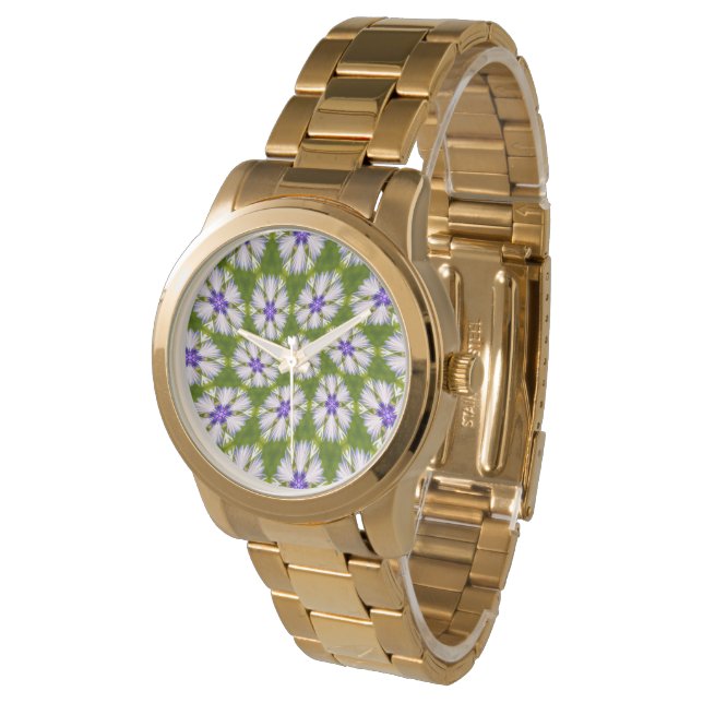Weiße Kornblumen Muster Armbanduhr (Schrägansicht)