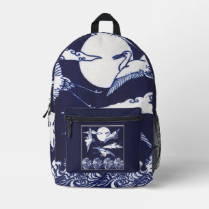 Weiße Kraniche im Vintage-Stil auf dunklem Navy-Bl Bedruckter Rucksack
