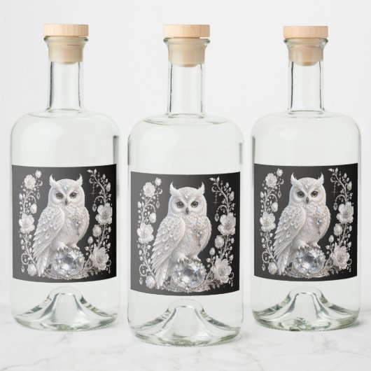 Weiße Kristallperlen-Eule Alkoholflaschenetikett (Flaschen)