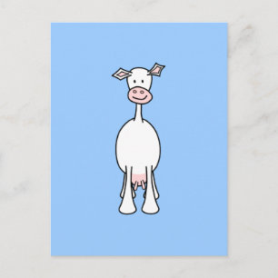 Weiße Kuh Cartoon. Blauer Hintergrund. Postkarte