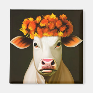 Weiße Kuh mit herbstlicher Blumenkrone Porträt Magnet