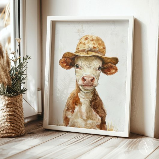 Weiße Kuh mit Hutanstrich Poster