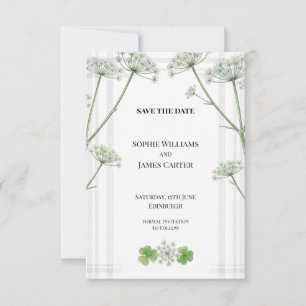 Weiße Kuhpetersilie-Tartan-Hochzeit Termin vormerk Save The Date
