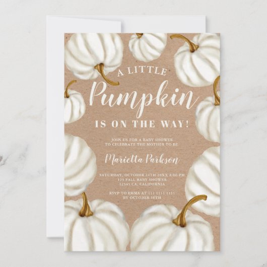 Weiße Kürbis-Kürbis-Kürbis-Kürbis-Babydusche Einladung (Vorderseite)