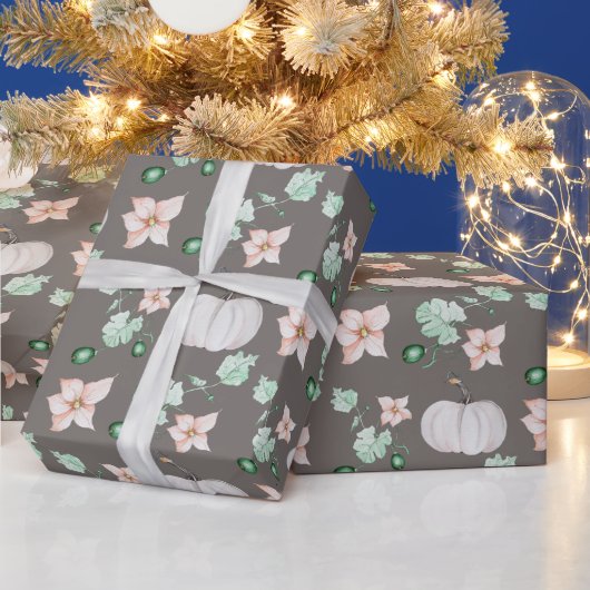 Weiße Kürbis und Blume Wasserfarben Art Muster Geschenkpapier (Feiertage)