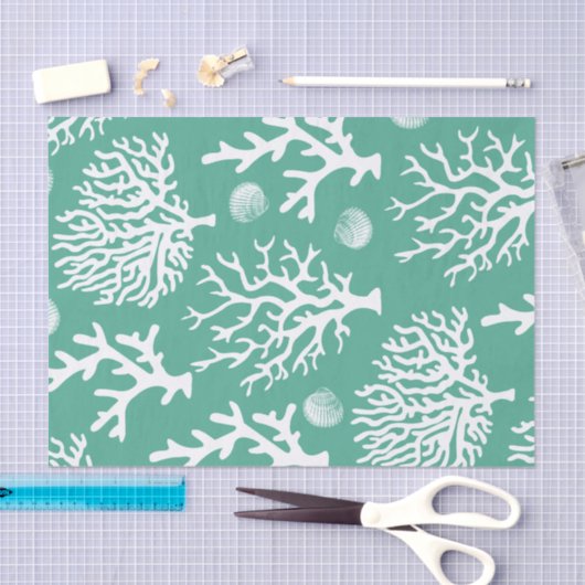 Weiße Küstenkorallen u. Seashells-Grün Seidenpapier (Handwerk)