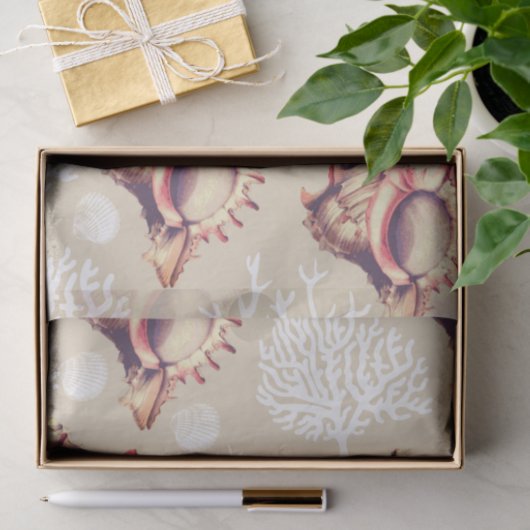 Weiße Küstenkorallen u. TritonshornSeashells Seidenpapier (Geschenk)