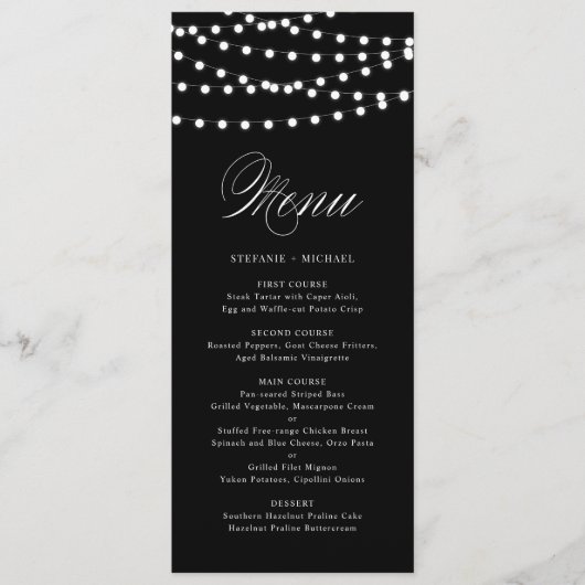 Weiße Lampen | Black Wedding Menu Card Menükarte (Vorderseite)