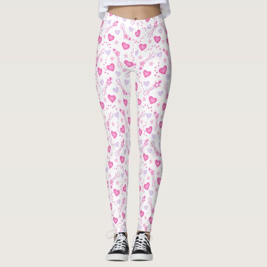 Weiße Leggings für Frauen mit rosa, Lila Herzen (Vorderseite)