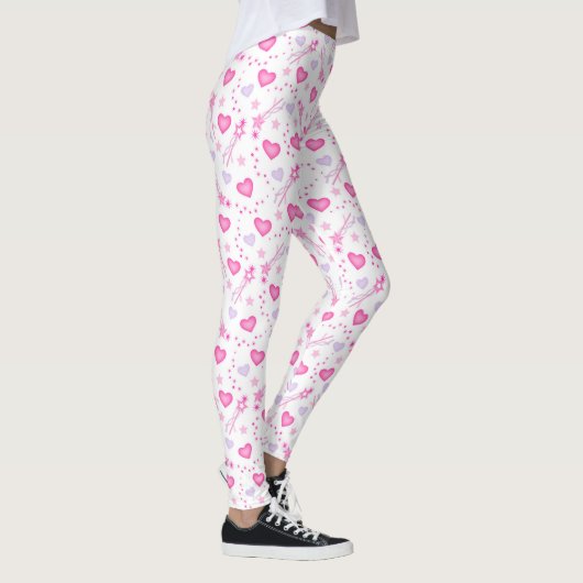 Weiße Leggings für Frauen mit rosa, Lila Herzen (Rechts)