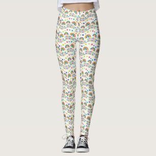Weiße Leggings mit farbenfrohem Regenbogen und geo