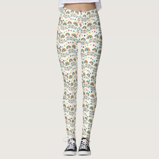 Weiße Leggings mit farbenfrohem Regenbogen und geo (Vorderseite)