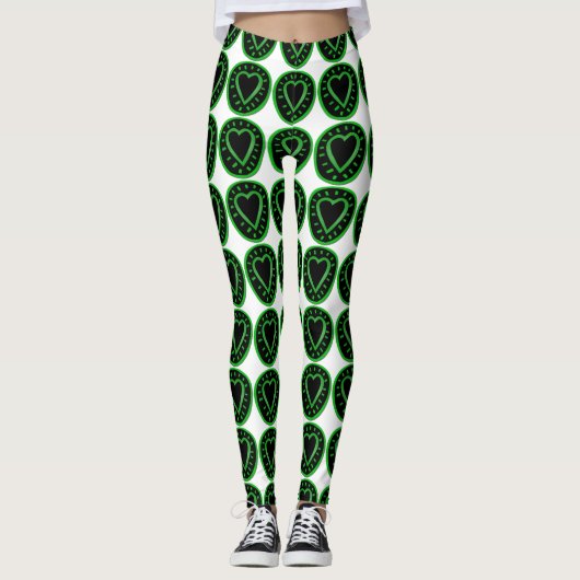 Weiße Leggings mit grünen schwarzen Herzen (Vorderseite)