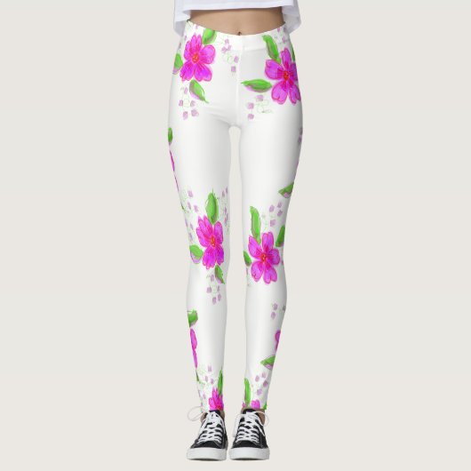 Weiße Leggings mit rosa Blume drucken (Vorderseite)