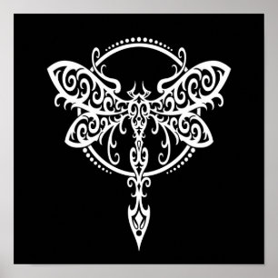 Weiße Libelle auf Schwarz wirbeln Poster