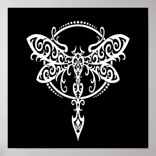 Weiße Libelle auf Schwarz wirbeln Poster (Vorne)