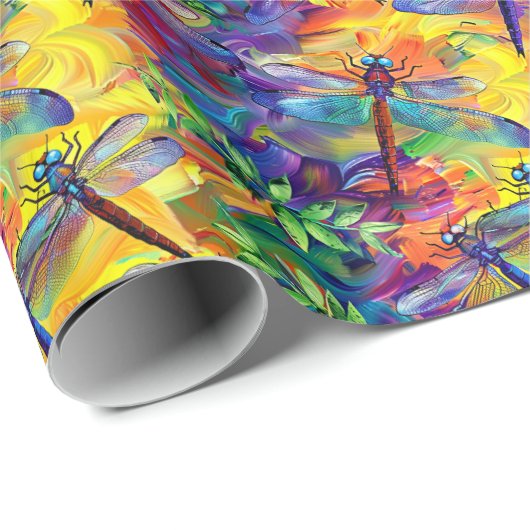 Weiße Libelle-Muster mit lebendigem Hintergrund Geschenkpapier (Rolleneckpunkt)