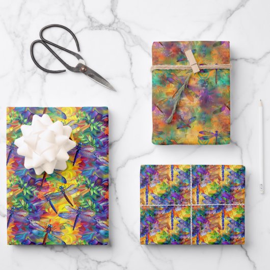 Weiße Libelle-Muster mit lebendigem Hintergrund Geschenkpapier Set (Vorderseite)